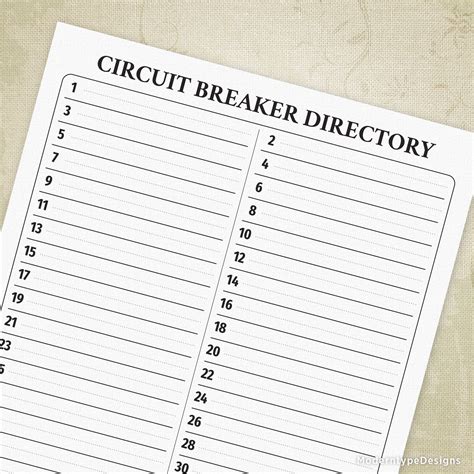 free printable breaker box directory